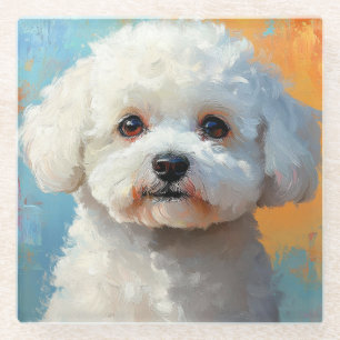 SCHATTIGE WITTE BICHON FRISE HOND GLAZEN ONDERZETTER