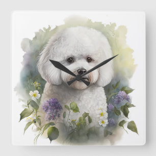SCHATTIGE WITTE BICHON FRISHOND MET BLOEMEN VIERKANTE KLOK