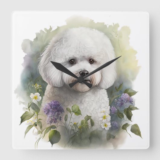 SCHATTIGE WITTE BICHON FRISHOND MET BLOEMEN VIERKANTE KLOK (Voorkant)