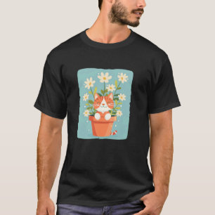 Schattige witte bloemen met kat in bloempot kostuu t-shirt