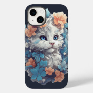 Schattige Witte Bloemige Kitty Kat Case-Mate iPhone 14 Hoesje