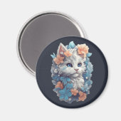 Schattige Witte Bloemige Kitty Kat Magneet (Voorkant / Achterkant)