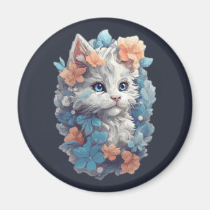 Schattige Witte Bloemige Kitty Kat Magneet