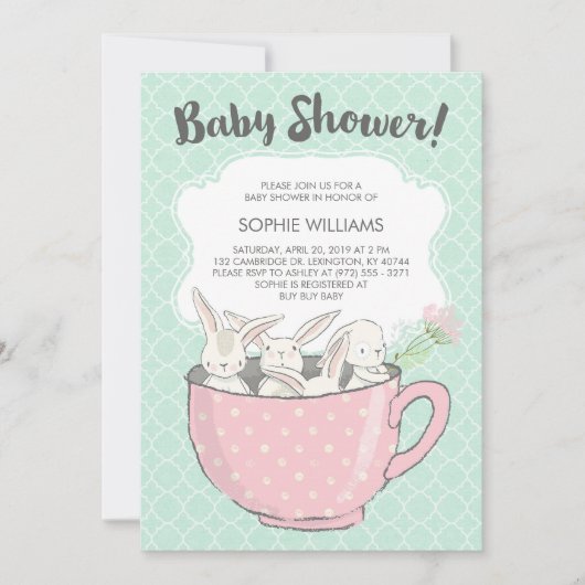 Schattige Witte Bunnies in het Baby shower Teacup Kaart (Voorkant)