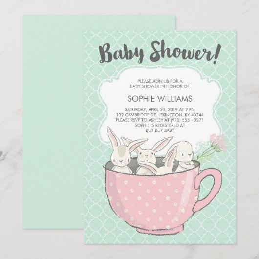 Schattige Witte Bunnies in het Baby shower Teacup Kaart (Voorkant / Achterkant)