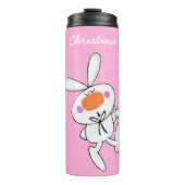 Schattige witte Cartoon Bunny Rabbit op Bright Roz Thermosbeker (Voorkant)