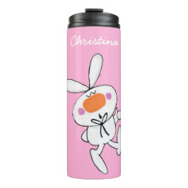 Schattige witte Cartoon Bunny Rabbit op Bright Roz Thermosbeker