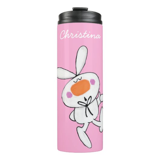 Schattige witte Cartoon Bunny Rabbit op Bright Roz Thermosbeker (Voorkant)