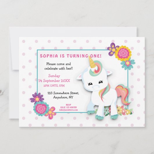 Schattige Witte Eenhoorn Stippen Meisjes Eerste Ve Kaart (Voorkant)