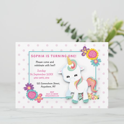 Schattige Witte Eenhoorn Stippen Meisjes Eerste Ve Kaart (Staand voorkant)