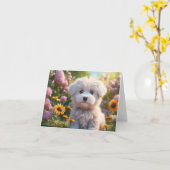Schattige Witte Fluffy Puppy Blank Groet Kaart (Gele Bloem)