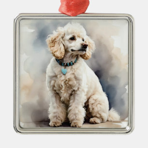 SCHATTIGE WITTE FRANSE POEDEL PUPPY HOND METALEN ORNAMENT