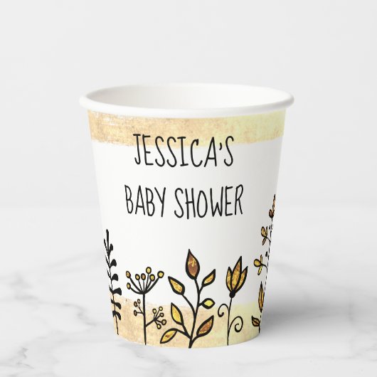 Schattige Witte Gouden Bloemstuk Aangepaste Naam B Papieren Bekers (Voorkant)