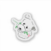 Schattige Witte Hond met Roze Roos Bloem Sticker (Voorkant)