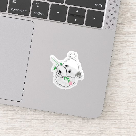 Schattige Witte Hond met Roze Roos Bloem Sticker (Detail)