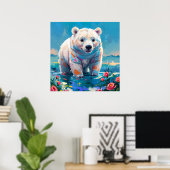 Schattige Witte Ijsbeer met Rozen Schilderij Poster (Thuiskantoor)