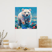 Schattige Witte Ijsbeer met Rozen Schilderij Poster (Keuken)