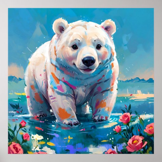 Schattige Witte Ijsbeer met Rozen Schilderij Poster (Voorkant)