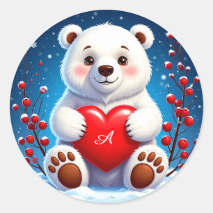 Schattige Witte Ijsbeerwelp met een Rode Hart Ronde Sticker