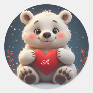 Schattige Witte Ijsbeerwelp met een Rode Hart Ronde Sticker