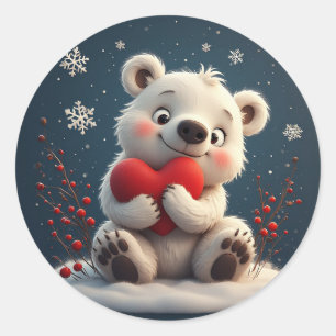 Schattige Witte Ijsbeerwelp met een Rode Hart Ronde Sticker