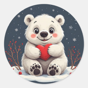 Schattige Witte Ijsbeerwelp met een Rode Hart Ronde Sticker