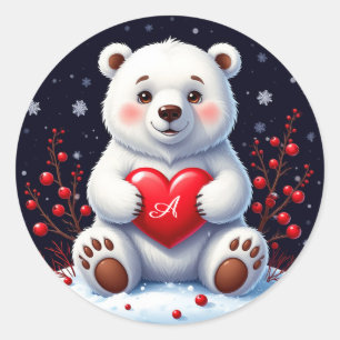Schattige Witte Ijsbeerwelp met een Rode Hart Ronde Sticker