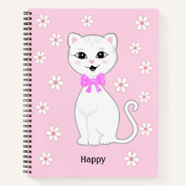 Schattige Witte Kat & Bloemen op Licht Roze Notitieboek