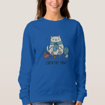 Schattige Witte Kat Breiend met Blauwe Draad Gezel