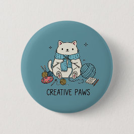 Schattige Witte Kat Breiend met Blauwe Garens Hobb Ronde Button 5,7 Cm