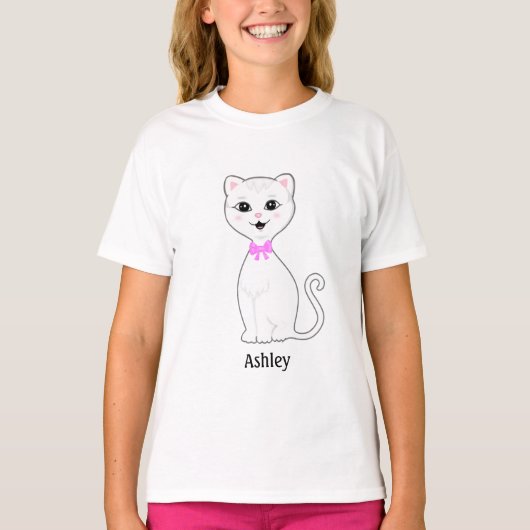 Schattige Witte Kat Cartoon T-shirt (Voorkant)