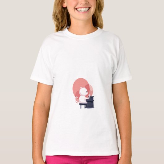 Schattige Witte Kat die Piano Speelt Kinderen T-shirt (Voorkant)