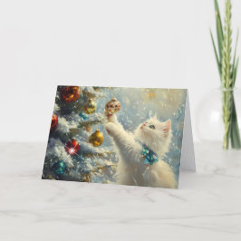 Schattige Witte Kat en Kerstboom Feestdagen Kaart