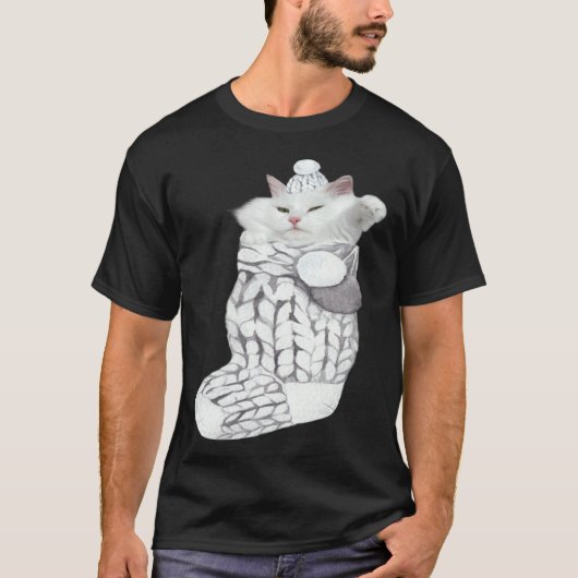 Schattige Witte Kat Fluffy Gebreide Sok Kerstmis T-shirt (Voorkant)