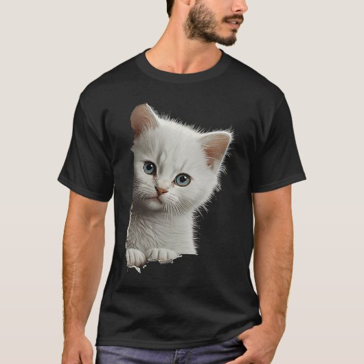 Schattige Witte Kat Gescheurde Stof 1 T-shirt (Voorkant)