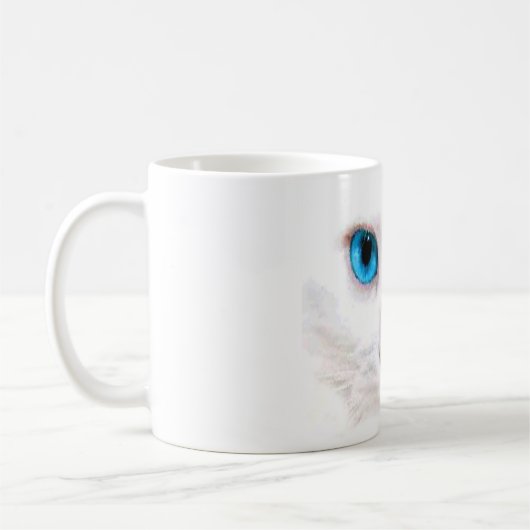 schattige witte kat, grappige mug koffiemok (Links)