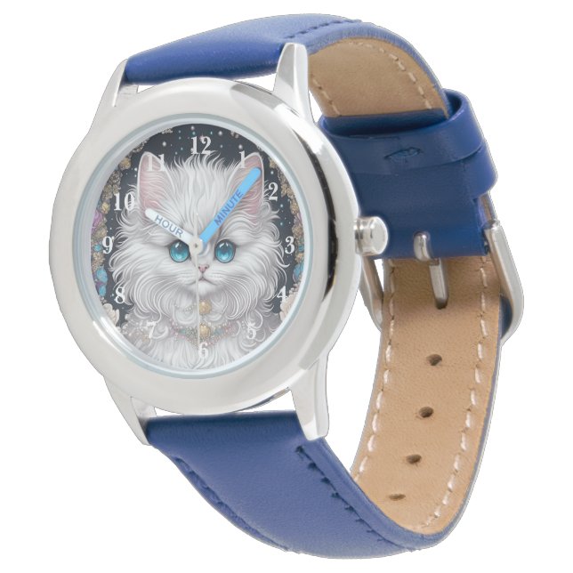 Schattige witte kat horloge (Gekanteld)