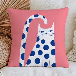 Schattige Witte Kat in Blauwe Stippen Pastel Roze Kussen