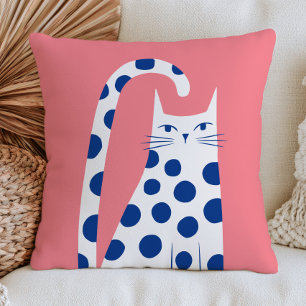 Schattige Witte Kat in Blauwe Stippen Pastel Roze Kussen