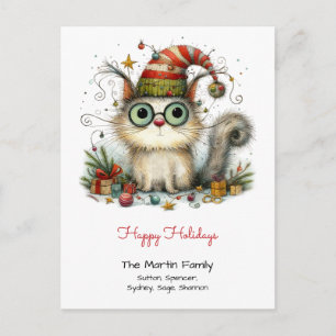 Schattige witte kat in een muts Prettige feestdage Briefkaart