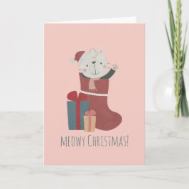 Schattige witte kat in kerstsokken kaart