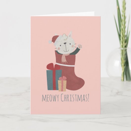 Schattige witte kat in kerstsokken kaart (Voorkant)