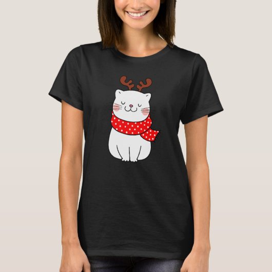 Schattige Witte Kat Kerst Rendier Geweien Kat T-shirt (Voorkant)