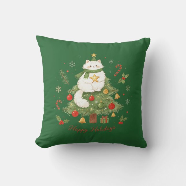 Schattige Witte Kat Kerstmis Kussen (Voorkant)