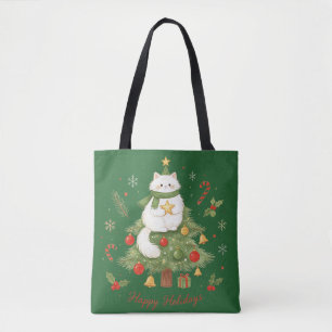 Schattige Witte Kat Kerstmis Tote Bag