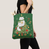 Schattige Witte Kat Kerstmis Tote Bag (Dichtbij)