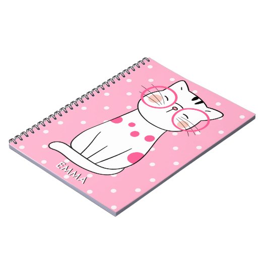 Schattige witte kat met bril en stippenpatroon notitieboek (Linkerzijde)