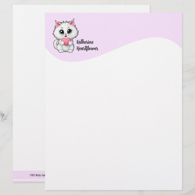 Schattige Witte Kat met een Hart 1 Briefhoofd (Voorkant / Achterkant)