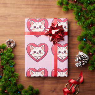 Schattige Witte Kat met Hart Kawaii Kitty Liefdeso Cadeaupapier