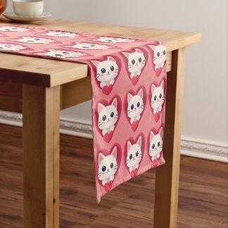 Schattige Witte Kat met Hart Kawaii Kitty Liefdeso Korte Tafelloper